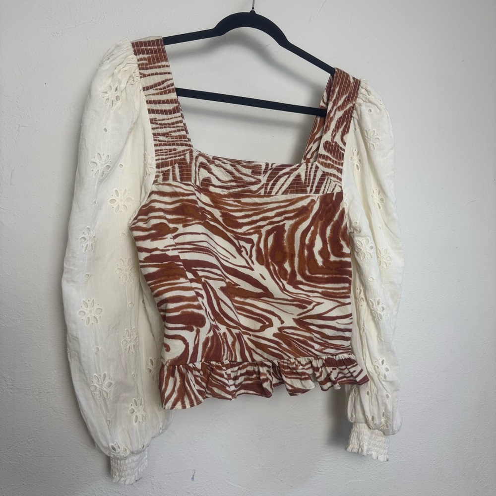 Love The Label Zebra Swirl Eyelet Puff Sleeve Square Neck Blouse